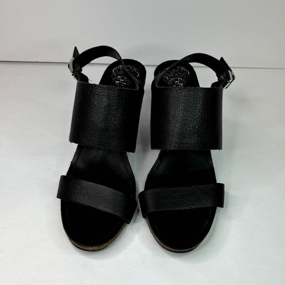 Vince Camuto Black Leather Strap Slingback Kitten Heels Sandals Womens Designer - Picture 5 of 11